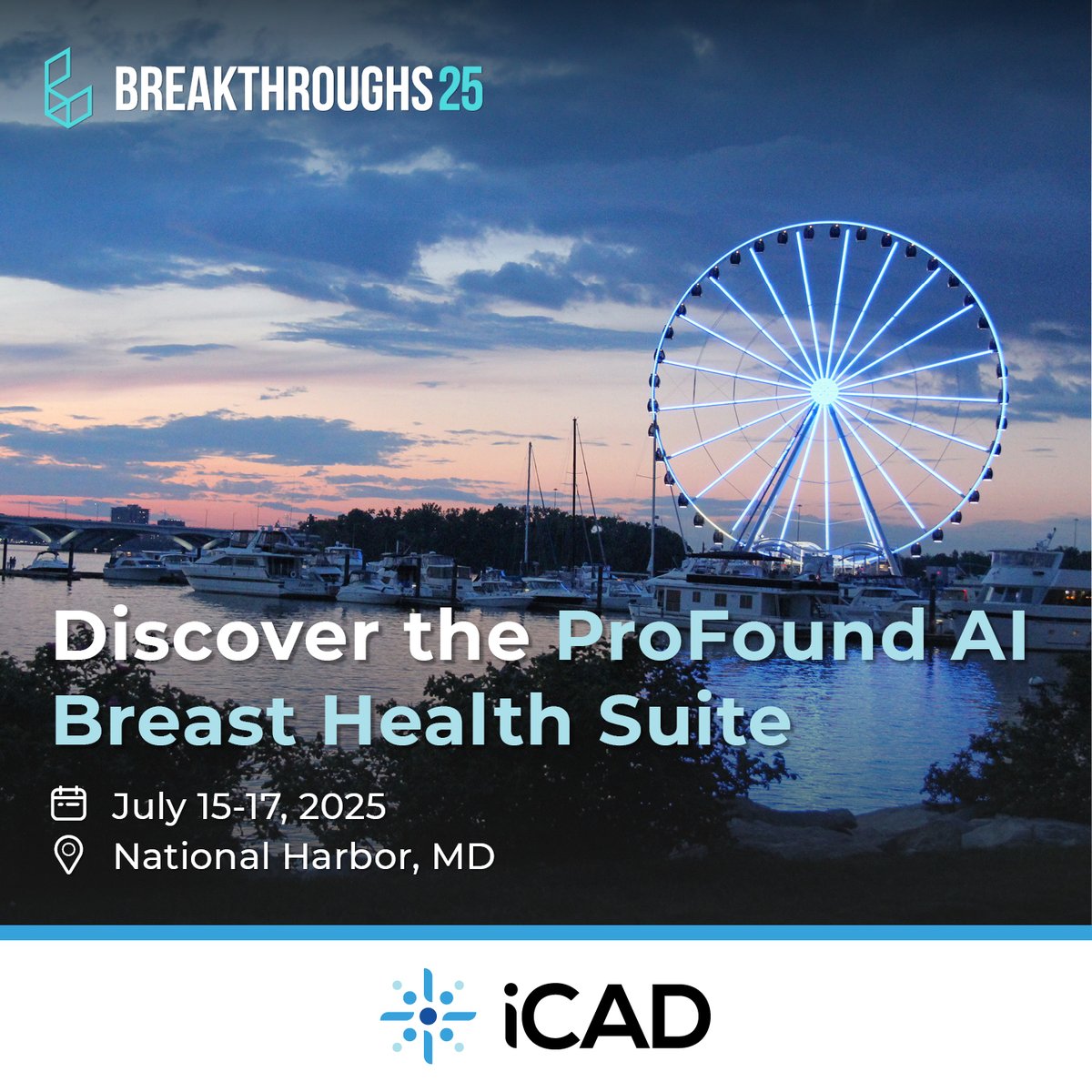 We’re excited to join all Premier hospital systems in National Harbor, MD in one week!

iCAD is scheduling meetings to demo our smarter breast AI suite to help radiologists detect breast cancer earlier and more accurately. #ProFoundAI

Book Time: bit.ly/3ZOSRaz