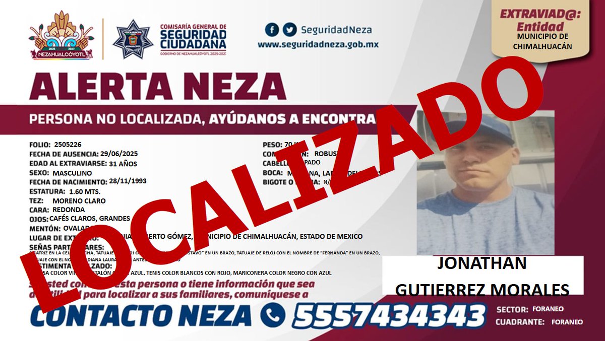 ✅ #AlertaNeza| Agradecemos tu ayuda, #Jonathan Gutiérrez Morales, ha sido localizado.