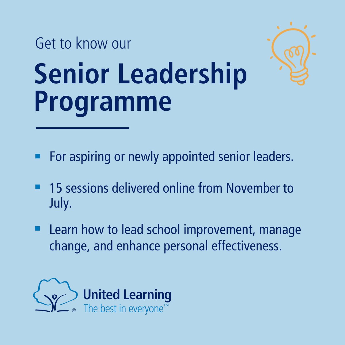 UnitedLearning's tweet image. Our senior leadership programme helps you become a confident and effective school leader.
Here are the key things you need to know 👇
Unlock your leadership potential: ow.ly/PTsb50WluyA
#CPD #CareerDevelopment
