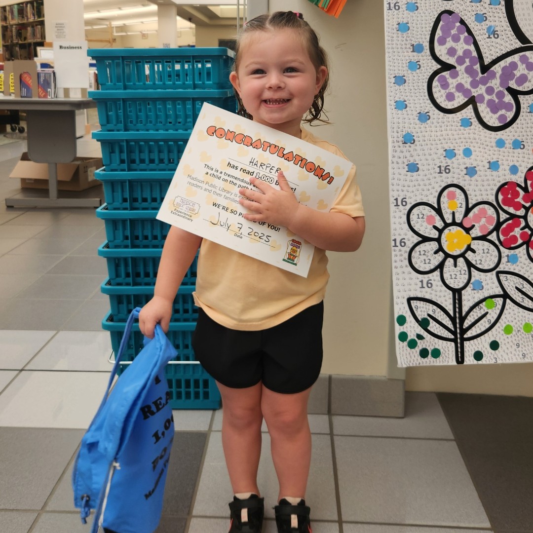 Congratulations Harper. We're so proud of you for listening to 1000 books before you start kindergarten. We hope you continue to find wonderful books to read once you start school.