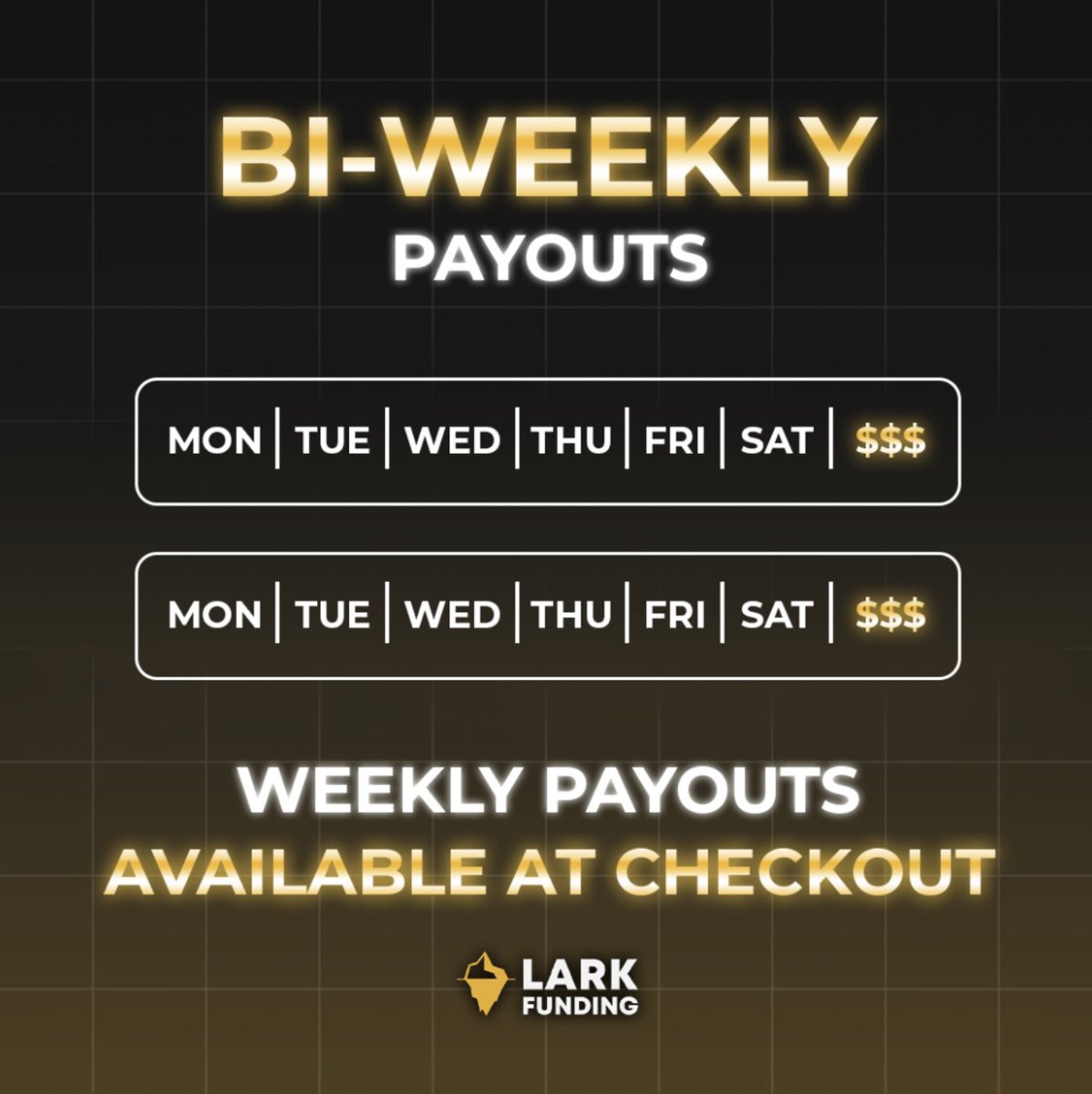 The wait is over.

Our standard payout frequency is now every 14 days. 

And weekly payouts are available at checkout.

Just one of many changes Lark 2.0 has brought to the table.