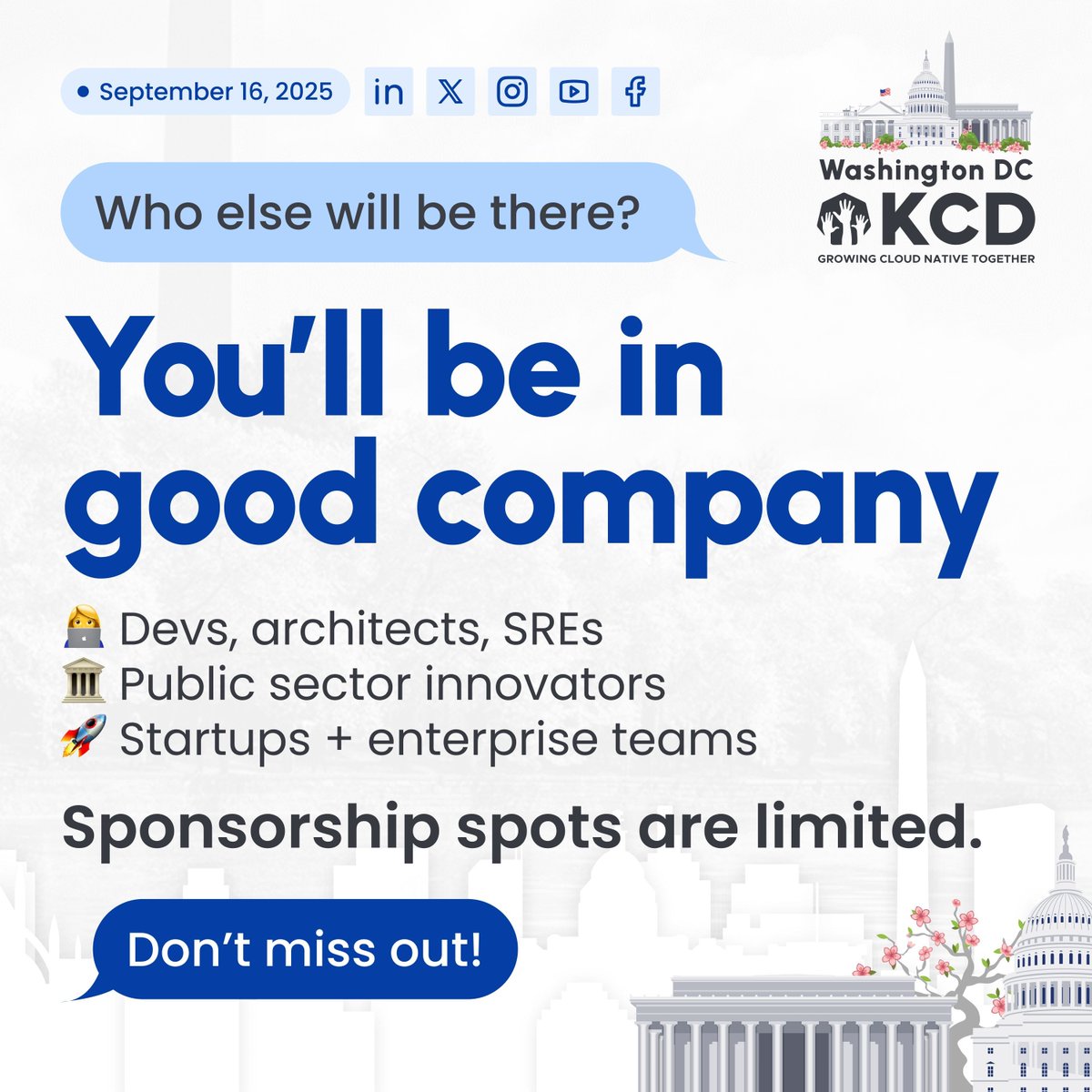 You’ll be in good company: 👩‍💻  Devs, architects, SREs 🏛️  Public sector innovators
🚀  Startups + enterprise teams This is the real-world cloud-native crowd, not just the
echo chamber.

See more: bit.ly/4bHUlrM
#CloudNative #DevOps #CNCF #Sponsor