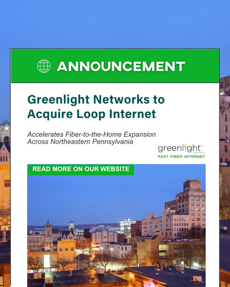 Exciting news! Greenlight Networks is acquiring Loop Internet, expanding our reach in North East, PA. Together, we’ll build stronger, connected neighborhoods! 💚 
Learn more 👉greenlightnetworks.com/greenlight-net… #Growth #CommunityConnections #BetterTogether #AcquisitionNews