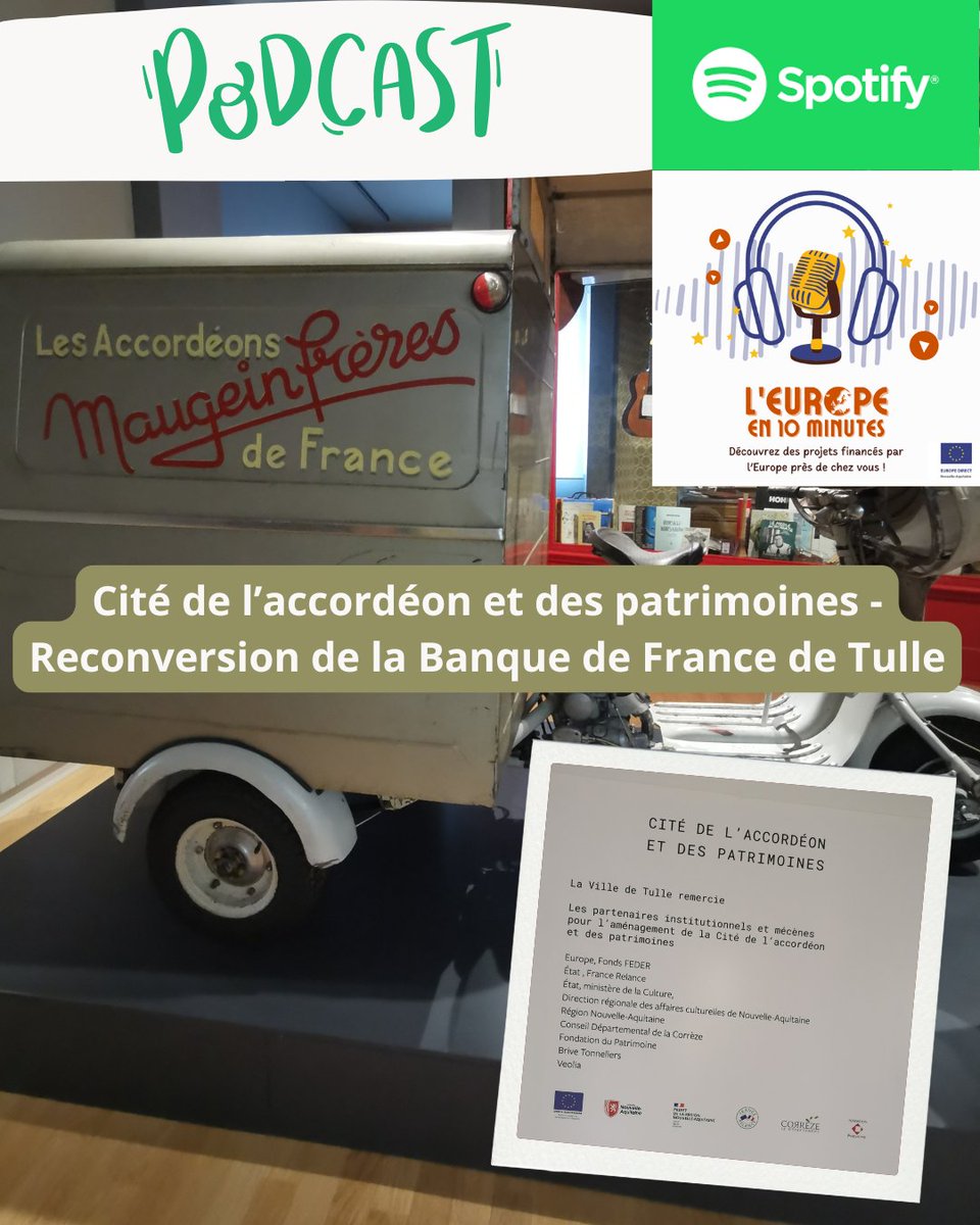 🎙"L'Europe en 10 minutes" des EUROPE DIRECT Nouvelle-Aquitaine.

🪗@citedelaccordeon, à Tulle, a bénéficié #FEDER pour sa création, convertissant les anciens locaux de la Banque de France en musée.

🎧 Pour écouter, c'est ici : urlr.me/QFaZBS
#accordeon #musée  #spotify