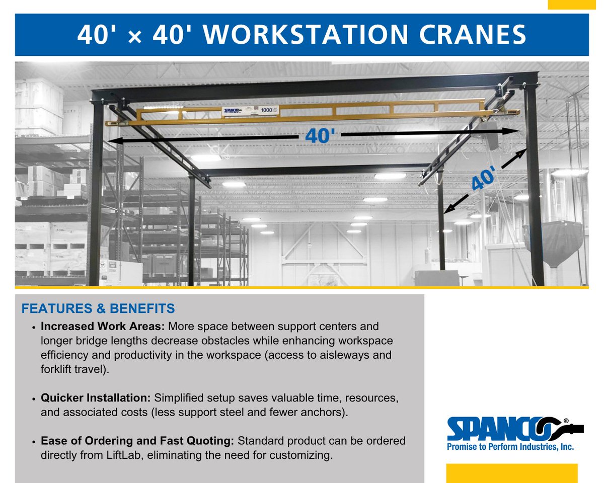 Spanco offers 40-foot bridges and support center spacing for standard ordering in LiftLab for both ceiling-mounted and freestanding workstation crane systems. Visit our website or contact us today to learn more!  #spanco #manfuacturing #materialhandling #overheadcranes #jibcranes