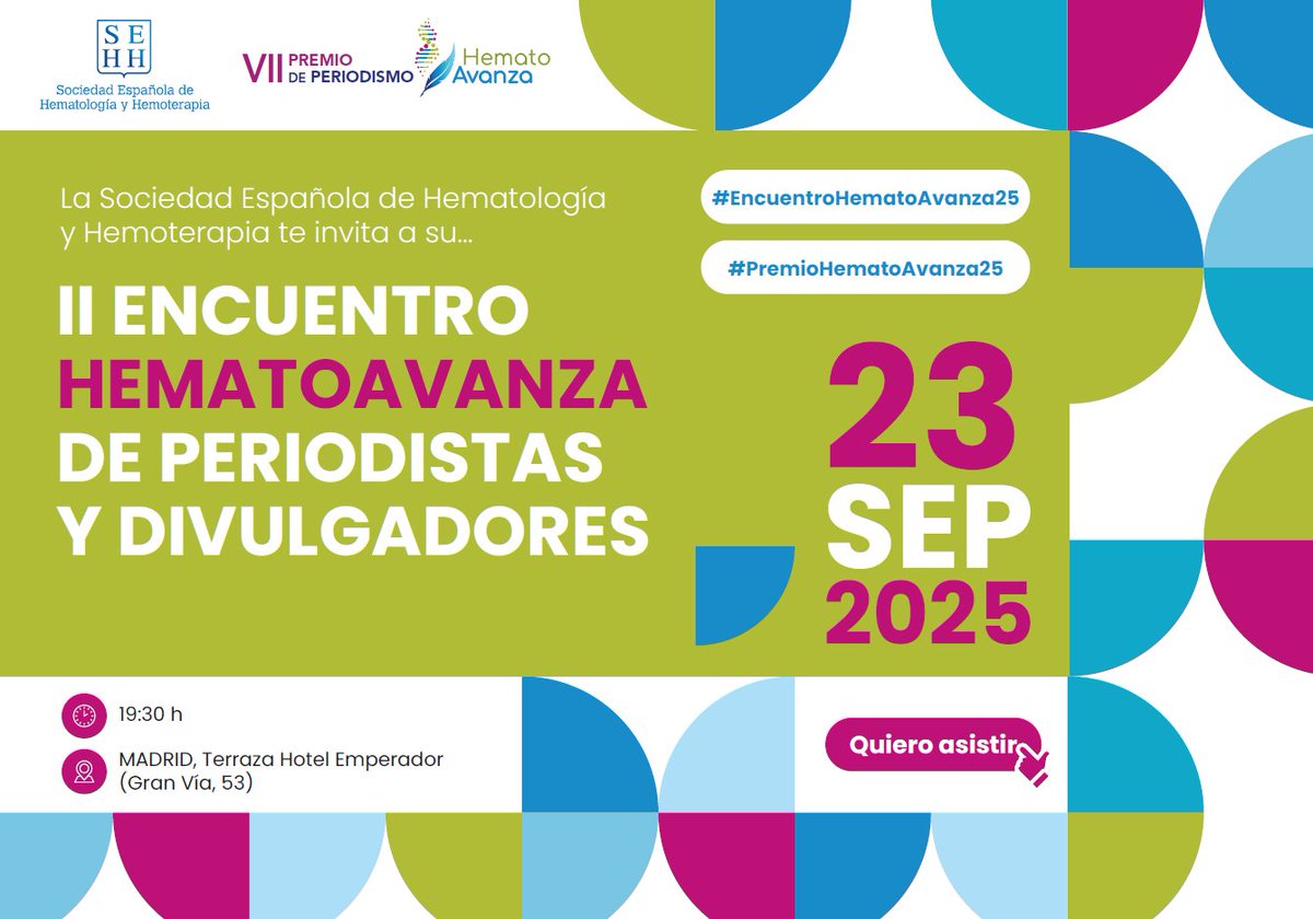 📢 ¡RESERVA LA FECHA! |🧬 #EncuentroHematoAvanza25
🗓️ 23 de septiembre de 2025
📍 Madrid – Terraza Hotel Emperador (Gran Vía, 53)
🕢 19:30 h

🎙️ Vuelve el II Encuentro HematoAvanza de Periodistas y Divulgadores, organizado por la #SEHH.

Un espacio único para conectar, aprender y