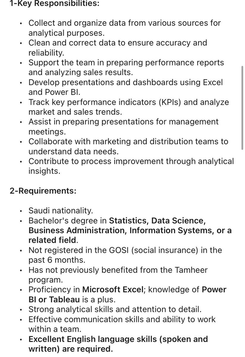من النصائح اللي انصح الطلاب المهتمين بمجال تحليل البيانات 

خذ لك وقت بين فترة وفترة وتصفح في وظائف تحليل البيانات في LinkedIn   

ركّز على
 Key Responsibilities و 
Requirements

راح تلاحظ مع الوقت : 

المهارات اللي تتكرر في أغلب الشركات

الأدوات اللي عليها طلب

مثال 👇🏻