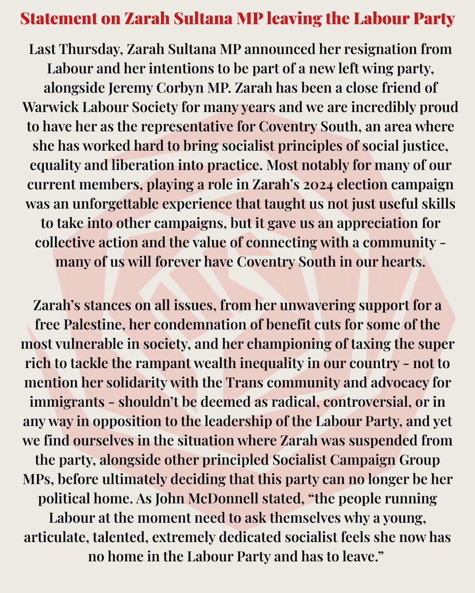 warwickleftsoc's tweet image. Our statement on Zarah Sultana MP leaving the Labour Party.