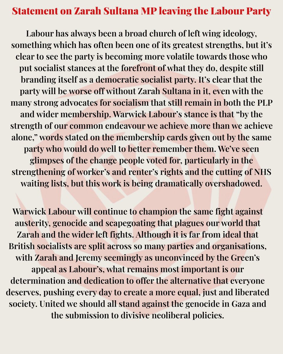 warwickleftsoc's tweet image. Our statement on Zarah Sultana MP leaving the Labour Party.