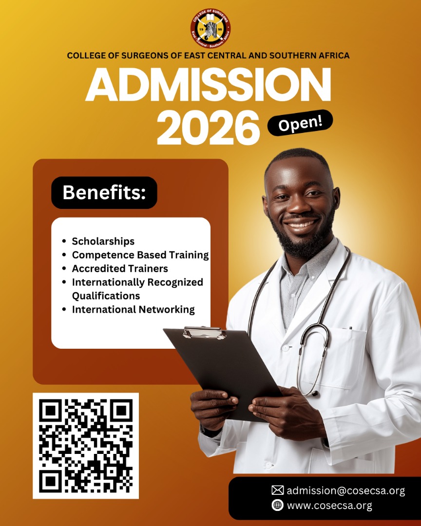 🎓 COSECSA 2026 Admissions are NOW OPEN!
Start your journey with MCS or advance with FCS.
🌍 Train with Africa’s leading surgical college.
💡 Apply now: bit.ly/46xrQwq

#COSECSA #Surgery #GlobalSurgery #MedicalTraining #Africa