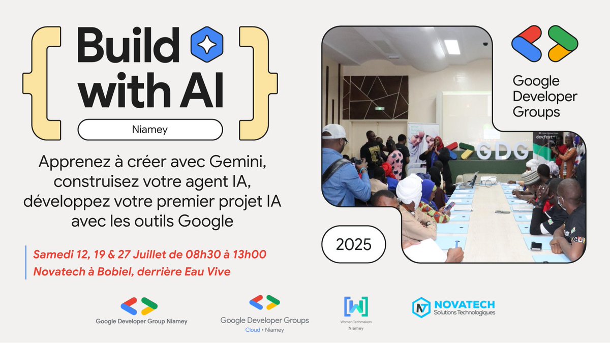 GDG Niamey (@gdgniamey) on Twitter photo 📌Rejoignez-nous pour Build with AI Niamey, une série de 3 ateliers pratiques que nous lançons pour apprendre à créer et intégrer l’#IA dans vos mini-projets, avec l’assistance de mentors locaux.
Inscrivez-vous ici : gdg.community.dev/events/details…
➡️Places limitées : 30
<a href="/Geektutor/">Geektutor</a> 📌Rejoignez-nous pour Build with AI Niamey, une série de 3 ateliers pratiques que nous lançons pour apprendre à créer et intégrer l’#IA dans vos mini-projets, avec l’assistance de mentors locaux.
Inscrivez-vous ici : gdg.community.dev/events/details…
➡️Places limitées : 30
<a href="/Geektutor/">Geektutor</a>