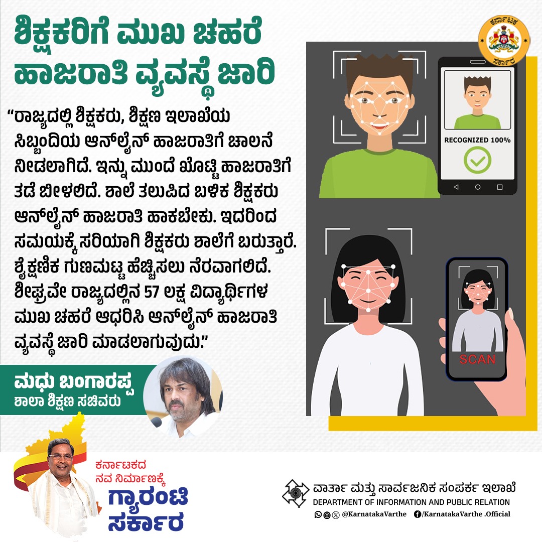 ರಾಜ್ಯದಲ್ಲಿ ಶಿಕ್ಷಕರು, ಶಿಕ್ಷಣ ಇಲಾಖೆಯ ಸಿಬ್ಬಂದಿಯ ಆನ್‌ಲೈನ್‌ ಹಾಜರಾತಿಗೆ ಚಾಲನೆ ನೀಡಲಾಗಿದೆ. ಇನ್ನು ಮುಂದೆ ಖೊಟ್ಟಿ ಹಾಜರಾತಿಗೆ ತಡೆ ಬೀಳಲಿದೆ. ಶಾಲೆ ತಲುಪಿದ ಬಳಿಕ ಶಿಕ್ಷಕರು ಆನ್‌ಲೈನ್‌ ಹಾಜರಾತಿ ಹಾಕಬೇಕು. ಇದರಿಂದ ಸಮಯಕ್ಕೆ ಸರಿಯಾಗಿ ಶಿಕ್ಷಕರು ಶಾಲೆಗೆ ಬರುತ್ತಾರೆ. ಶೈಕ್ಷಣಿಕ ಗುಣಮಟ್ಟ ಹೆಚ್ಚಿಸಲು ನೆರವಾಗಲಿದೆ. ಶೀಘ್ರವೇ