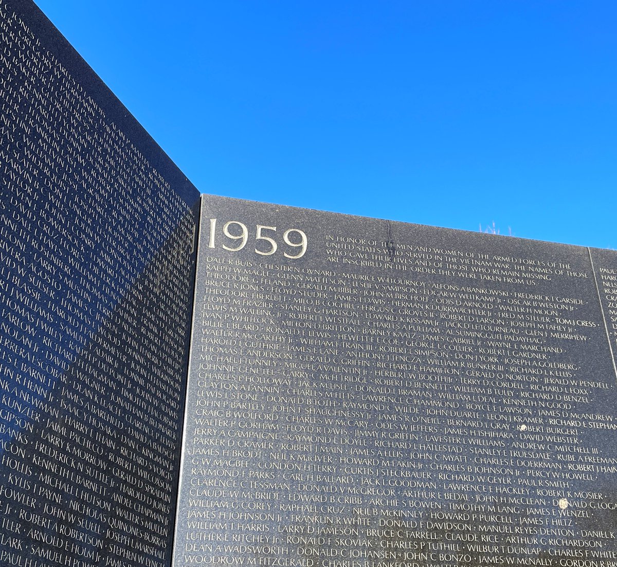 The names of more than 58,000 Americans who died as a result of their service in Vietnam are listed chronologically (alphabetically by day) on the walls of the Vietnam Veterans Memorial. Major Dale Buis &amp; Master Sergeant Chester Ovnand – killed #OTD in 1959 – are listed first.