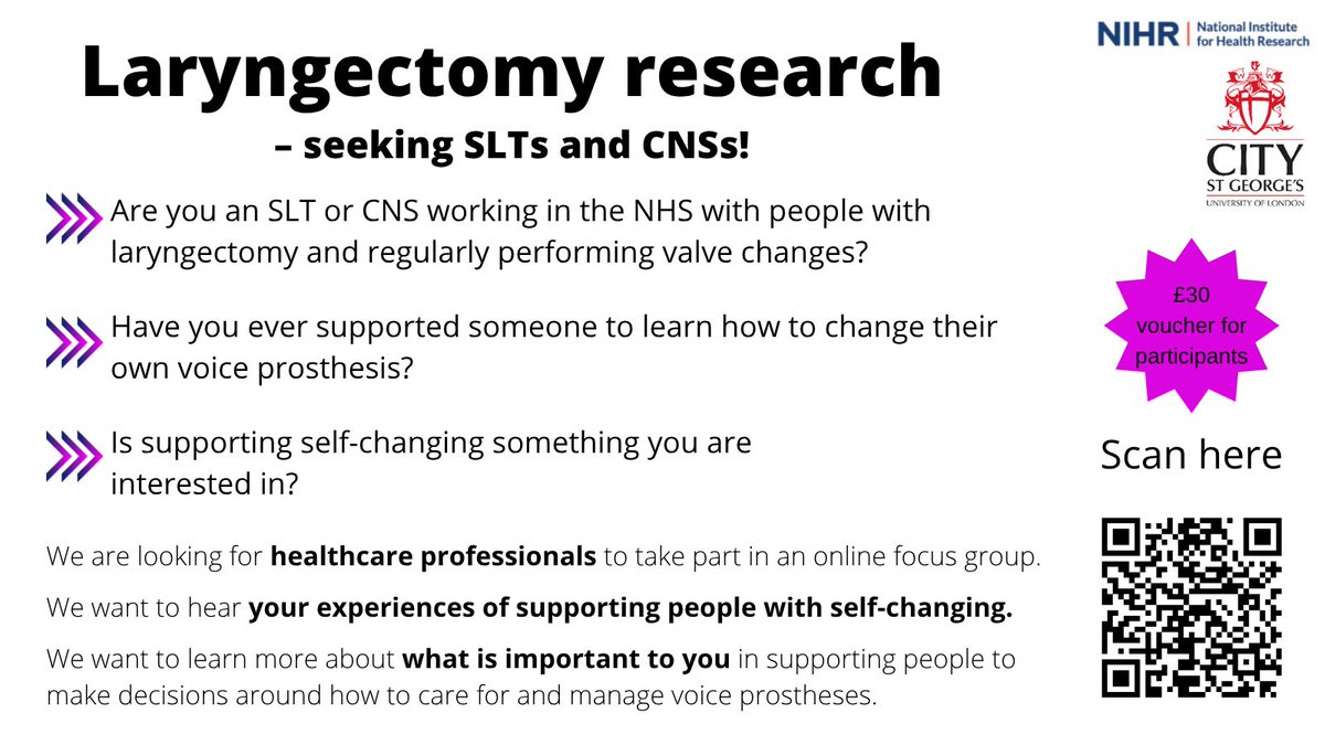 Research opportunity!

Are you an SLT or CNS working in the NHS with people with #laryngectomy?

Do you regularly perform #valve changes?

We want to hear your views!

Click here → bit.ly/3FAu2Ze or scan the QR code to find out more. 

Please share with your networks