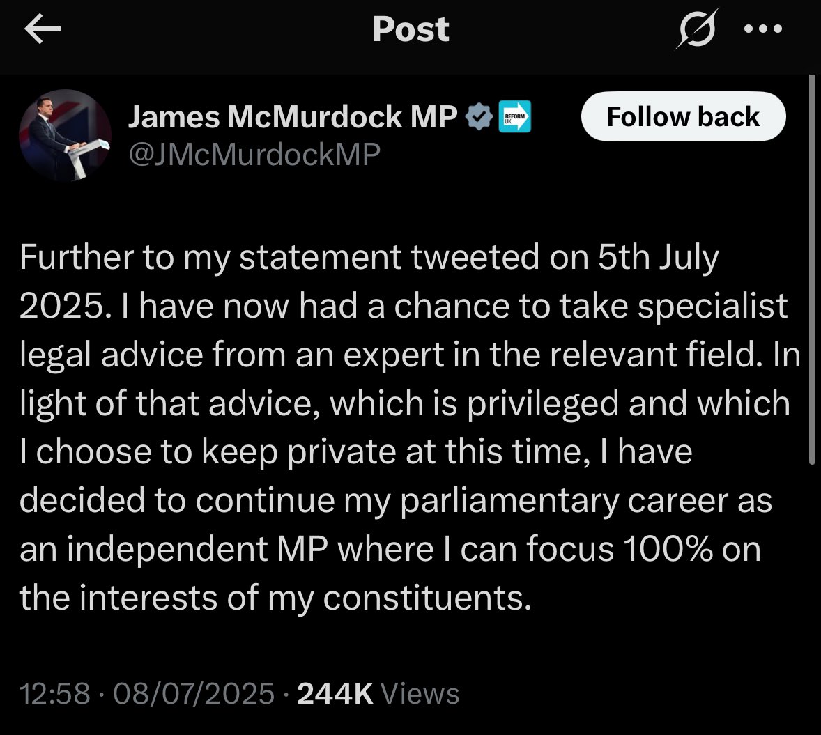 After our story on Sunday, James McMurdock says he is quitting Reform.  

He stands accused of taking tens of thousands in Covid loans for two companies: one was dormant pre pandemic, the other a firm which borrowed £50k but whose business activities he would not describe.