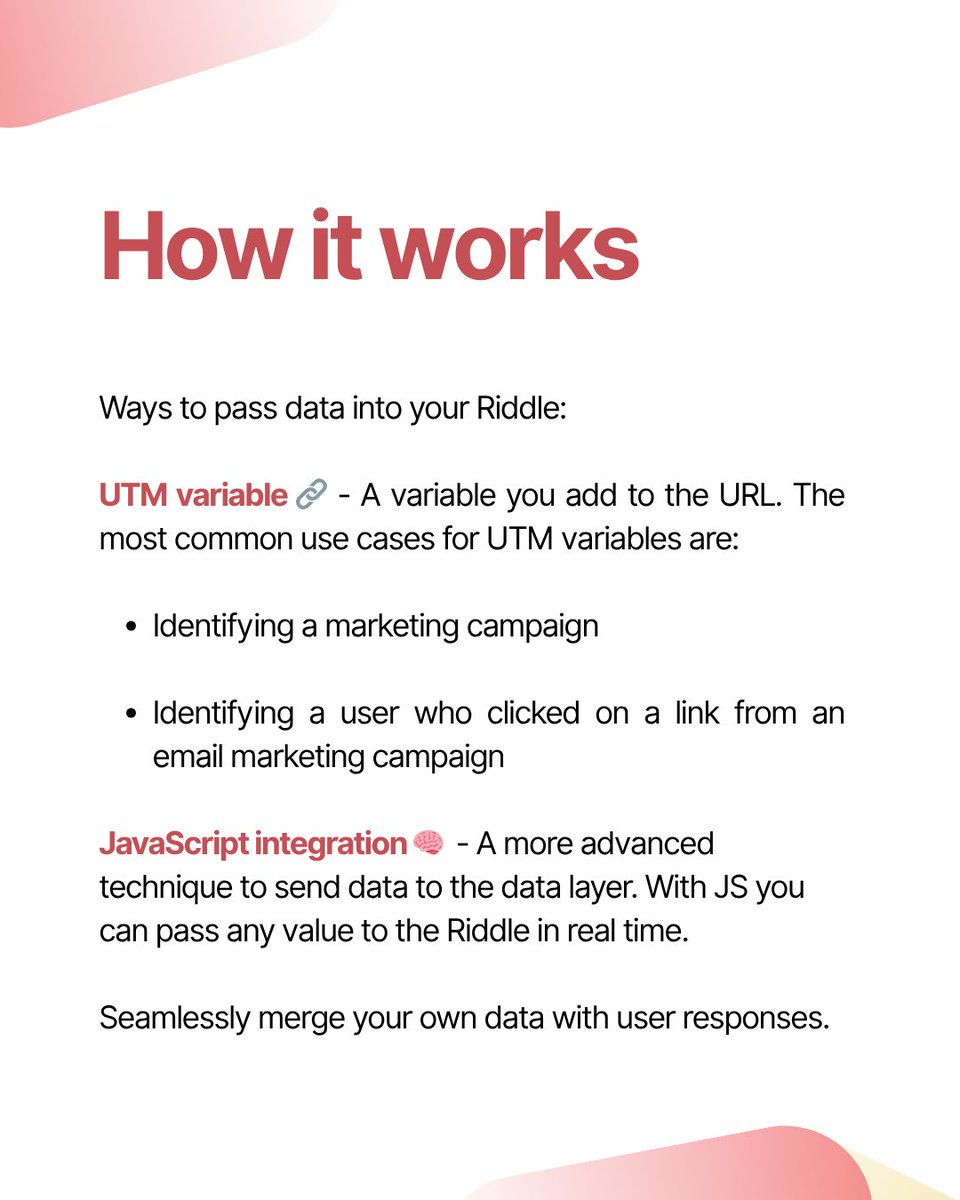 Pass external data into your Riddle quizzes using UTM tags or JavaScript.

Smarter personalization. Better insights.

🔗Visit Riddle.com and try the data layer today. 

#RiddleQuiz #DataLayer #MarTech #LeadGen