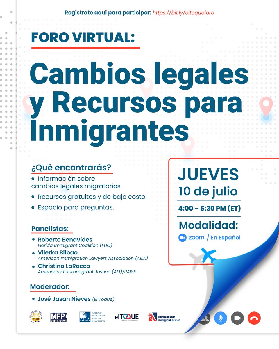 🔈 Próximamente...

¡Te invitamos a un Foro Público Virtual sobre Cambios Legales y Recursos para Inmigrantes!
🗓 Fecha: Jueves 10 de julio
⏰ Hora:4:00 - 5:30 PM (ET)
💻 Plataforma: Zoom

Tres expertos en materia migratoria compartirán información actualizada y responderán