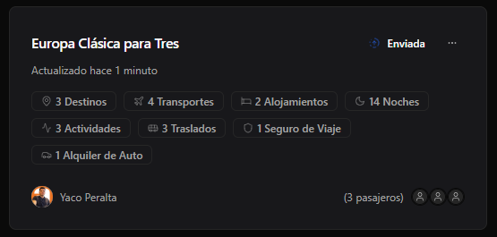 🚀 ¡Nuevo update en Retrip!

Ahora tus cotizaciones se ven como tarjetas con toda la info clave:

🔹 Qué incluye (destinos, noches, traslados, etc)
🔹 Estado editable (borrador, enviada, cerrada…)
🔹 Agente responsable y pasajeros

Mucho más ágil que un CRM, ideal para agencias