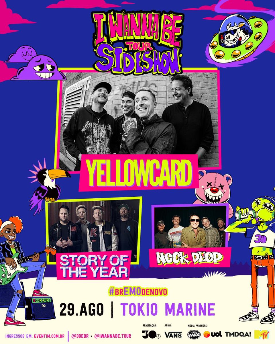 Yellowcard's tweet image. São Paulo! We will see you August 29th for an I Wanna Be Tour sideshow with @StoryoftheYear and @NeckDeepUK at Tokyo Marine Hall! 👇
IWBT Presale - Tuesday, July 8th (for festival’s ticket holders) - 12 PM BRT
General On Sale - Thursday, July 10th - 12 PM BRT