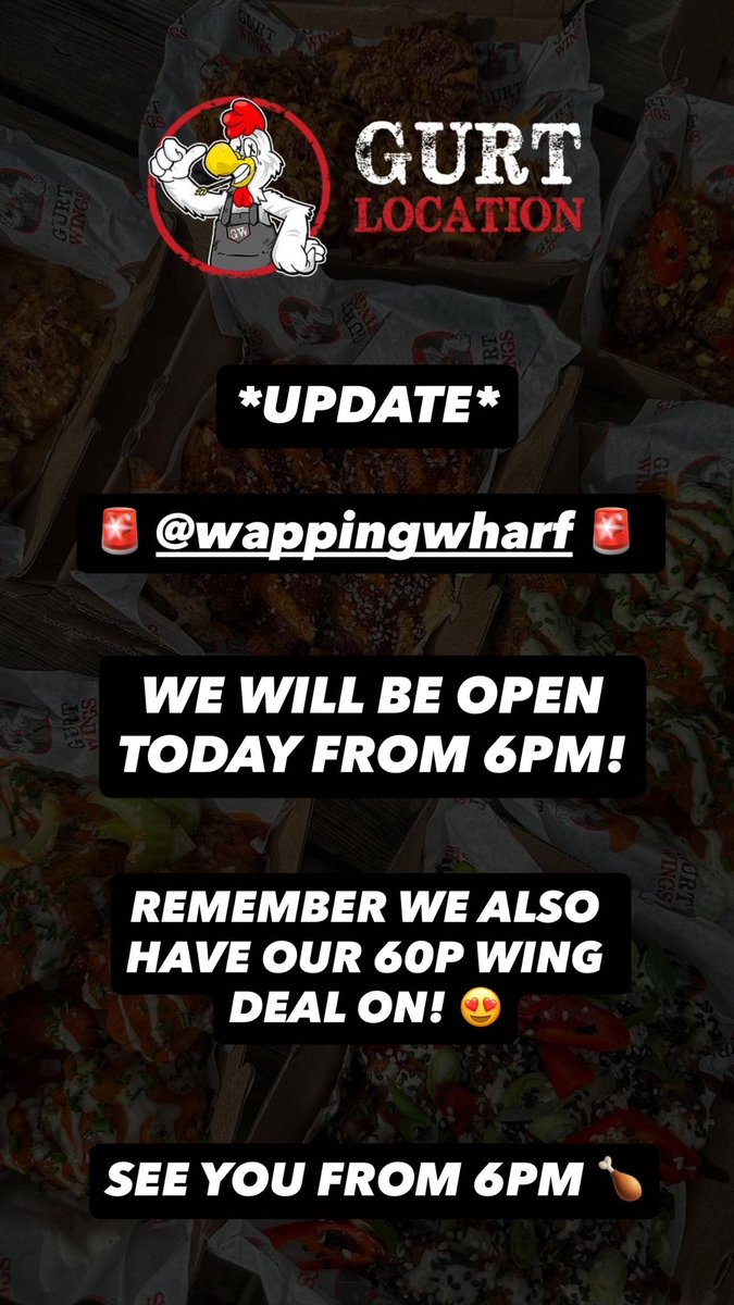 Gurt Wings (@gurtwings) on Twitter photo BRISTOL WAPPING WHARF ⬇️ 
OPEN FROM 6PM TODAY 🍗 BRISTOL WAPPING WHARF ⬇️ 
OPEN FROM 6PM TODAY 🍗