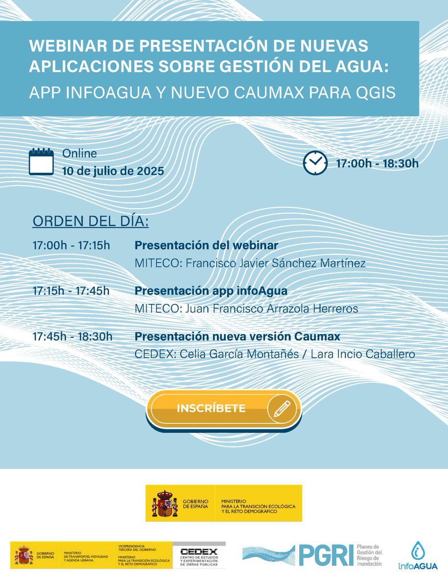 🔵 Webinar sobre nuevas aplicaciones sobre gestión de aguas

Enfocado en el uso de herramientas digitales para una gestión hídrica más eficiente y basada en datos
💧 InfoAgua
💧 CauMax

En directo el 10 de julio a las 17:00h
» t.ly/lSEAz