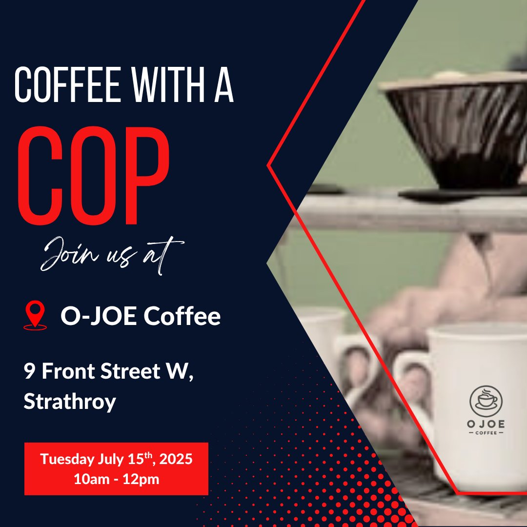 ☕👮‍♀️ COFFEE WITH A COP – JULY 15! 👮‍♂️☕

Join SCPS &amp; OPP at O'JOE Coffee (9 Front St W) from 10AM–12PM!

Bring the kids, your questions—or just swing by for a chat &amp; a summer sip! 🌞🚓

#CoffeeWithACop #SCPS #OPP #StrathroyCaradoc