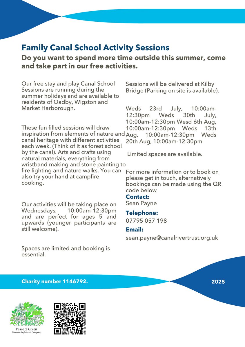 Fantastic FREE sessions available this Summer for residents of Oadby, Wigston and Harborough!
Here is the boking link for the Canal School Sessions: eventbrite.co.uk/e/waterways-we…