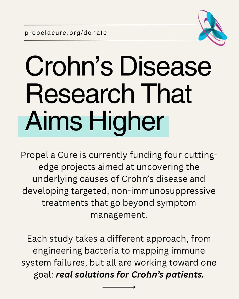 propelacure's tweet image. 1/ Thanks to your support, we’re funding four groundbreaking research projects—each taking a different path to uncover the root causes of #Crohns & develop targeted, non-immunosuppressive treatments that go beyond symptom mgmt.
Here’s how each project is making a difference →