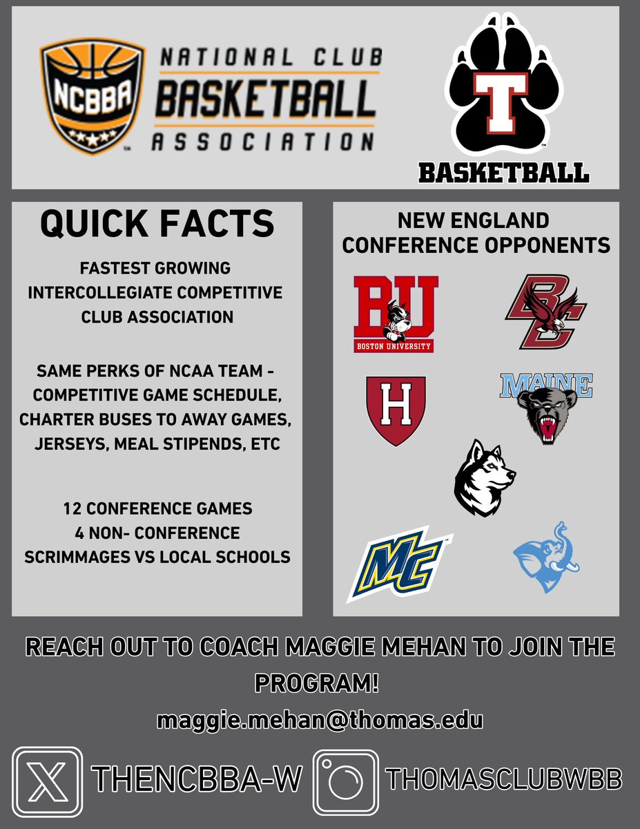 🏀 Looking for an opportunity to play college basketball &amp; have FUN doing it? 🎉

Thomas College is launching a FULLY FUNDED COMPETITIVE CLUB PROGRAM ‼️

🔥 All the same perks as the NCAA team
📍 Play real games, travel, and compete at a high level
📚 Balance your academics while