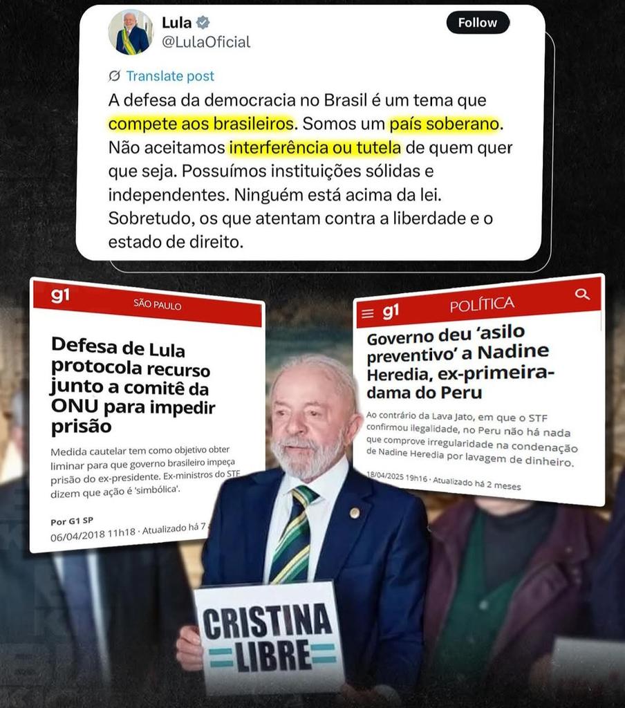Oi <a href="/lula/">Lula</a> , vc quer que o rico pague mais impostos, mas você foi  ao STF para não pagar R$ 18 milhões de impostos ? Vc está dando botes anais por causa da fala de Trump,mas interferiu descaradamente na política de outros países em defesa de ditadores corruptos.