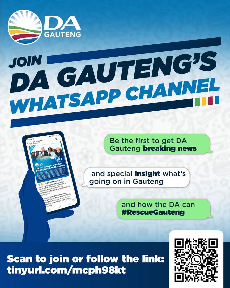 DAGauteng's tweet image. Be the first to get DA Gauteng’s latest news on WhatsApp! 📲😁
Join our WhatsApp channel today at whatsapp.com/channel/0029Va….