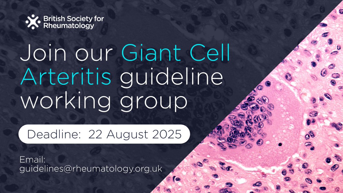 BSR (@rheumatologyuk) on Twitter photo Play a key role in our latest guideline development for giant cell arteritis. We need all members of the MDT to join our guideline working group for the update to our GCA guideline.
📅 Apply by 22 August
Email: guidelines@rheumatology.org.uk to express an interest/learn more. Play a key role in our latest guideline development for giant cell arteritis. We need all members of the MDT to join our guideline working group for the update to our GCA guideline.
📅 Apply by 22 August
Email: guidelines@rheumatology.org.uk to express an interest/learn more.