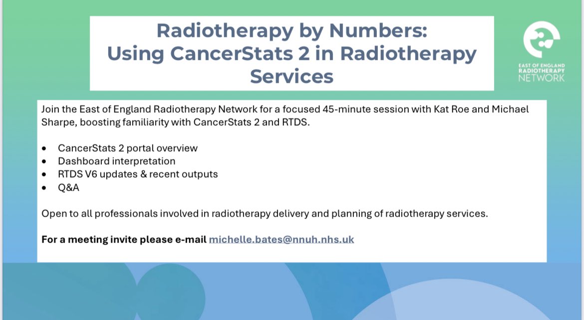 East of England Radiotherapy Network (@eofertn) on Twitter photo Calling all #radiotherapy professionals in the EofE RTN.
Join us for “Radiotherapy by Numbers”, a free 45 minute webinar designed to boost your confidence using CancerStats 2 and RTDS.
✅ Q&A session included
📧 Email Michelle.bates@nnuh.nhs.uk to register. Calling all #radiotherapy professionals in the EofE RTN.
Join us for “Radiotherapy by Numbers”, a free 45 minute webinar designed to boost your confidence using CancerStats 2 and RTDS.
✅ Q&A session included
📧 Email Michelle.bates@nnuh.nhs.uk to register.