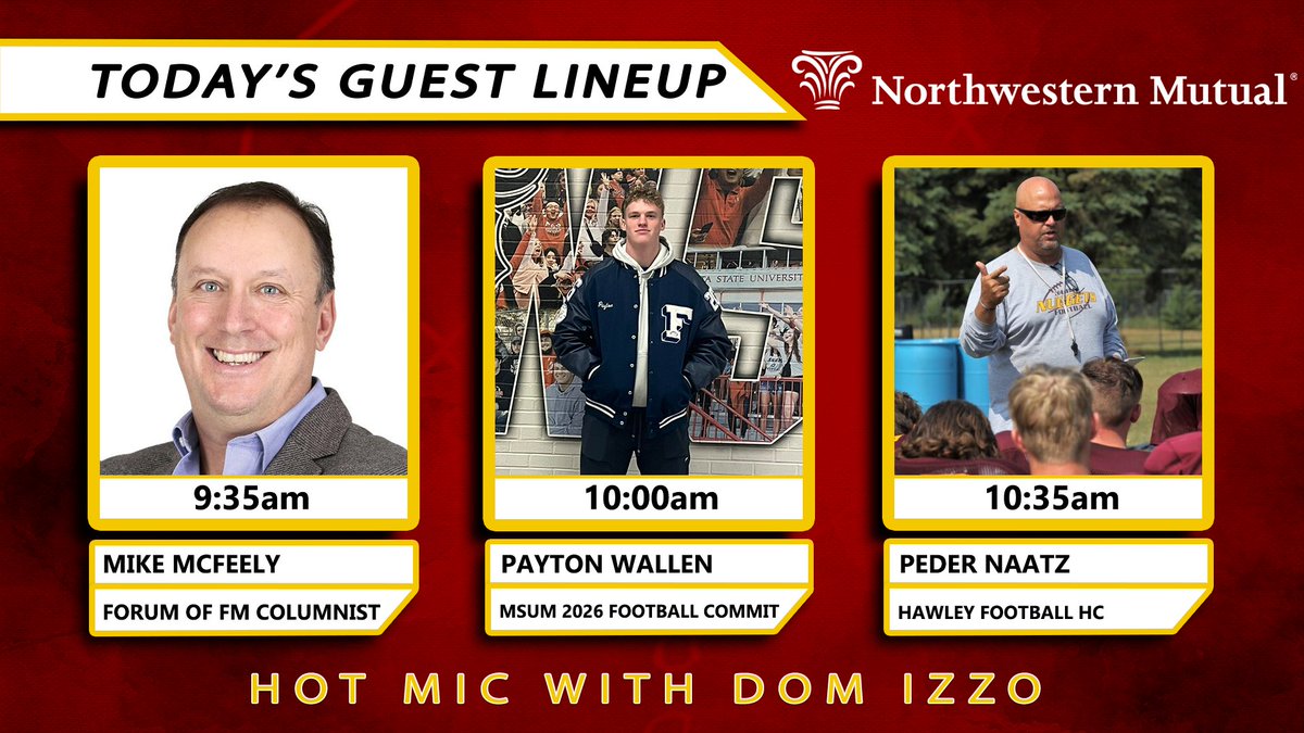 Packed show on this Tuesday morning! 
9:35 am - <a href="/McFeely_Inforum/">Mike McFeely</a> 
10:00 am - <a href="/PaytonWallen/">Payton Wallen</a> 
10:35 am - @BigPedo87

📺WDAY Xtra, KSFL-TV      
📲 inforum.com 
✉️dizzo@wday.com