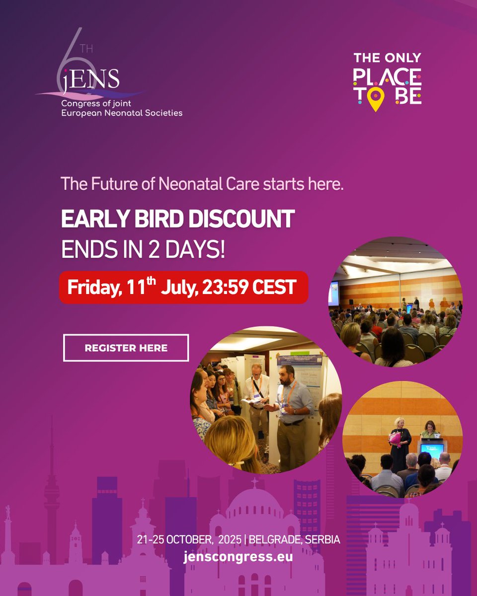 JENS_Congress's tweet image. Don’t miss your chance to attend #jENScongress 2025 at the lowest possible rate & join a global community of #neonatal and #paediatric professionals.
Register before Friday, 11 July 2025👉: bit.ly/jENS-REGISTRAT…