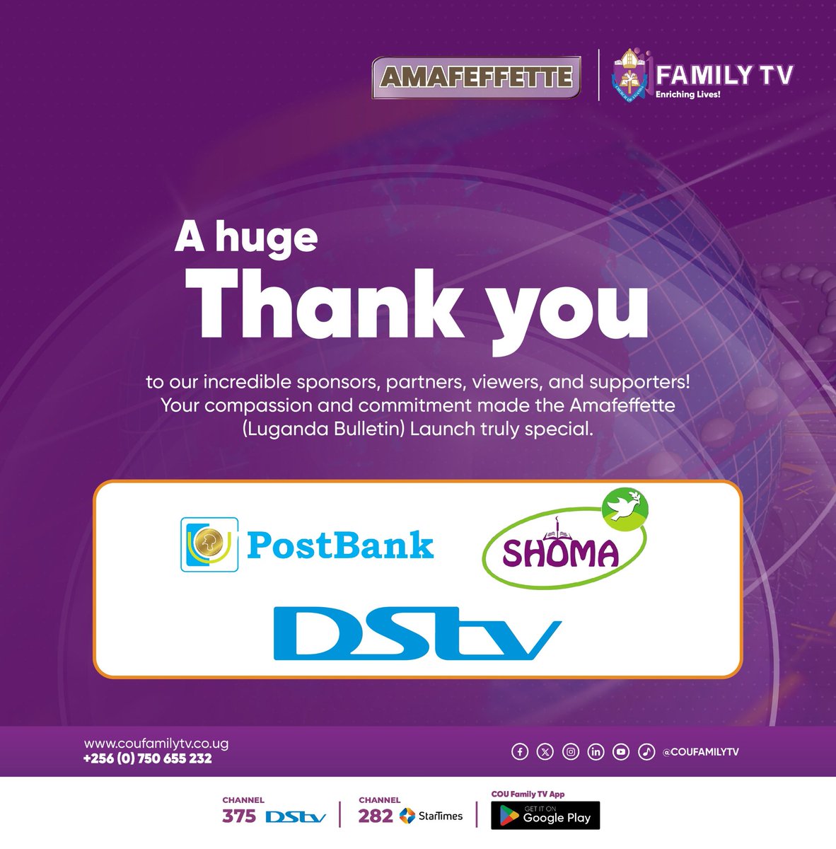 Thank you for being part of the launch of <a href="/coufamilytv/">COU Family TV</a>'s #Amafeffette news bulletin launch.
Special thanks to His Grace <a href="/Archbp_COU/">Archbishop Stephen Kaziimba</a> the Main Celebrant, Owek. Patrick Luwaga Mugumbule from <a href="/BugandaKingdom_/">Buganda Kingdom</a> and everyone that joined us physically and online.
Watch #Amafeffette news