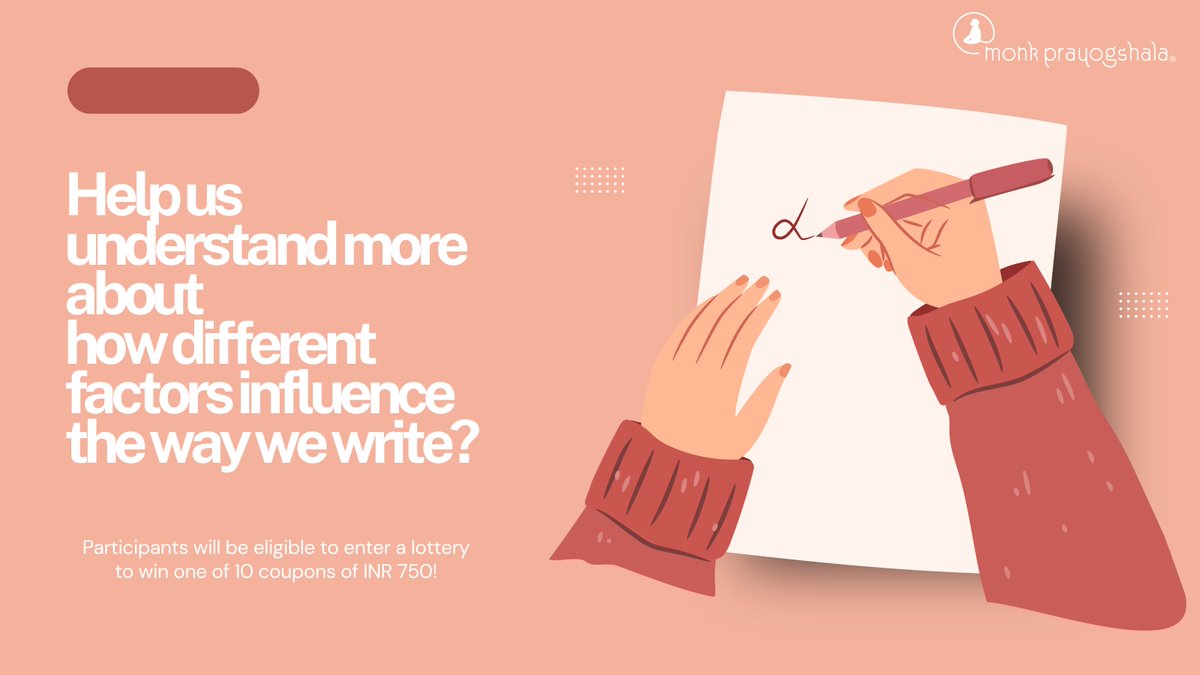 monkprayogshala's tweet image. 📢#callforparticipants
How do different factors shape the way we write?
Participate in Monk Prayogshala's study and stand a chance to win one out of 10 coupons worth ₹750 each
Join now: buff.ly/mb8zjxW