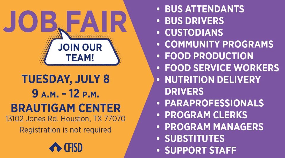 CFISDHeatherK's tweet image. Come see Community Programs at the CFISD Job Fair! If you love working with kids, this is a fantastic opportunity to make a difference. 💙We’ll be hosting on-site interviews, so bring your resume and come ready to shine! @CFISDCOMMPROG @CyFairISD