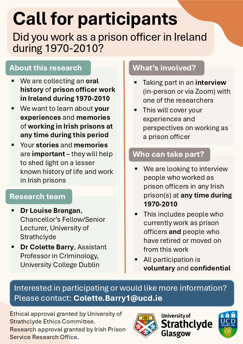 📌 Call for interview participants 📌 

We (me &amp; <a href="/Louise_Brangan/">Louise Brangan</a>) are looking to interview people who worked as prison officers in Irish prisons at any point during 1970-2010. See further info in poster image. If you're interested in taking part, please consider getting in touch