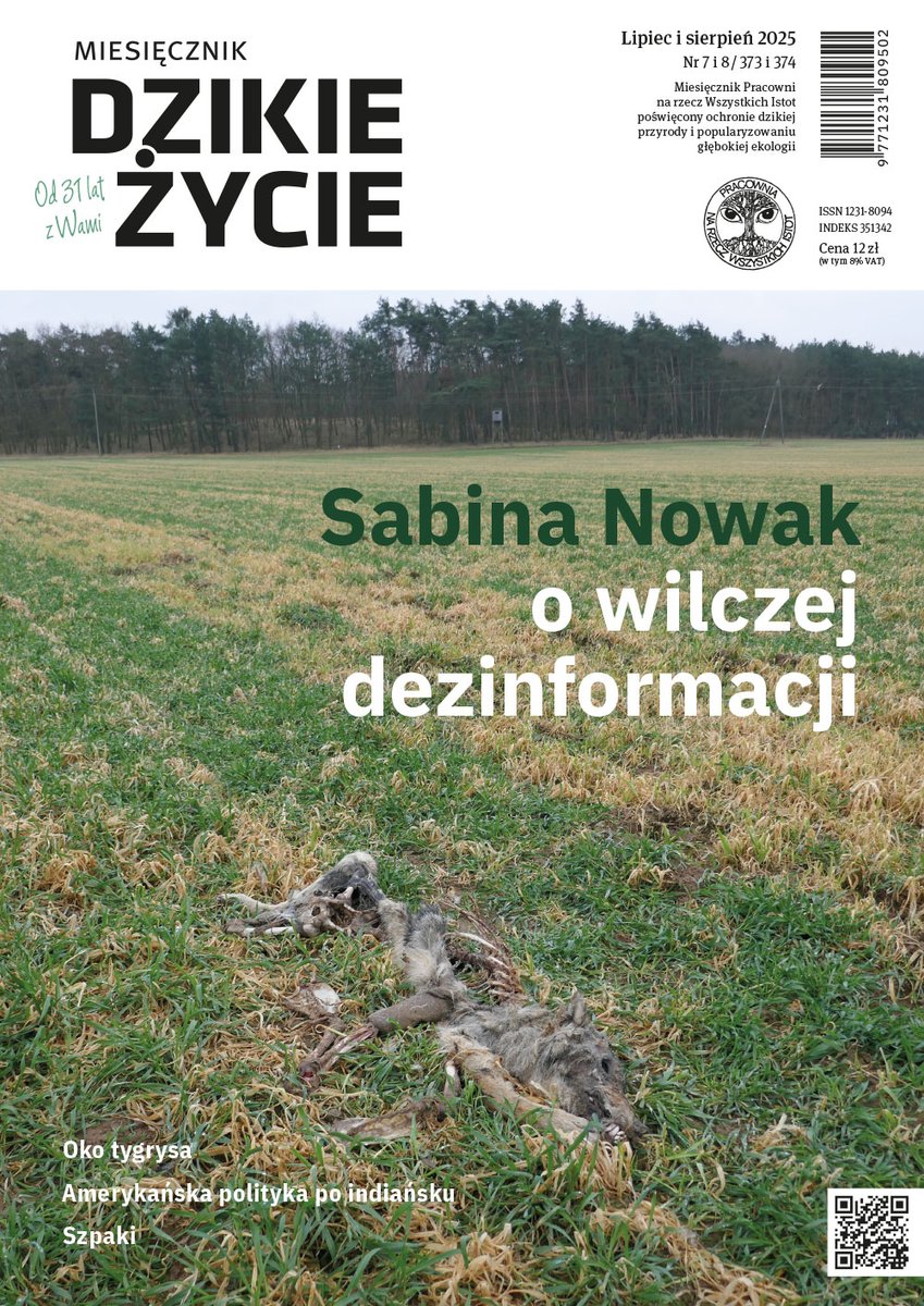 Na wakacje wydaliśmy <a href="/DzikieZycie/">Dzikie Życie</a> w którym o drapieżnikach - wilkach 🐺 i tygrysach 🐯. Polecam 👉  dzikiezycie.pl 
Ważny temat w czasie zmasowanej dezinformacji dotyczącej dzikich zwierząt czy zmiany klimatu. Ważna rozmowa z Sabiną Nowak z SdN Wilk.
Dzikiego!