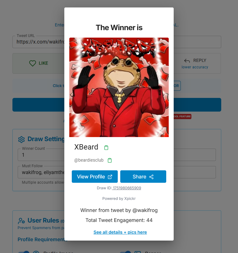 wakifrog's tweet photo. 😎ei wakis...we have a winner...

🥳congrats @beardiesclub you won! draw ID: 1751980665909 @xpickr https://t.co/3p0F9yn8E1 #xpickr #wakitoad #nftgiveaway https://t.co/3GAduMyPIM