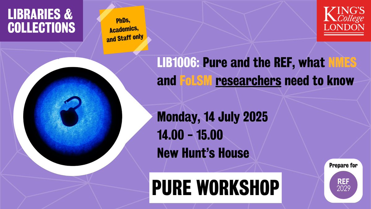 King's Libraries (@kingslibraries) on Twitter photo *UPCOMING <a href="/KCLOpenResearch/">King’s Open Research</a> LIBRARY WORKSHOP*
LIB1006: Pure and the REF, what <a href="/KingsNMES/">KCL Natural, Mathematical & Engineering Sciences</a> and <a href="/kingsmedicine/">King's Faculty of Life Sciences & Medicine</a> *researchers* need to know
📅 14 July 2025
🕐 14.00-15.00
⚓ New Hunt’s House
✍️ Details 👇
tinyurl.com/KingsPureResea… *UPCOMING <a href="/KCLOpenResearch/">King’s Open Research</a> LIBRARY WORKSHOP*
LIB1006: Pure and the REF, what <a href="/KingsNMES/">KCL Natural, Mathematical & Engineering Sciences</a> and <a href="/kingsmedicine/">King's Faculty of Life Sciences & Medicine</a> *researchers* need to know
📅 14 July 2025
🕐 14.00-15.00
⚓ New Hunt’s House
✍️ Details 👇
tinyurl.com/KingsPureResea…