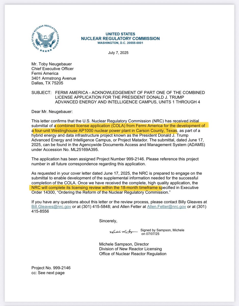 Acknowledgement of receipt of the Combined Operating License Application from <a href="/FermiAmerica/">Fermi America</a> is finally up on the NRC ADAMS database

Four AP1000 reactors with a review timeline of 18 months!!!

The reactors are coming 🤘