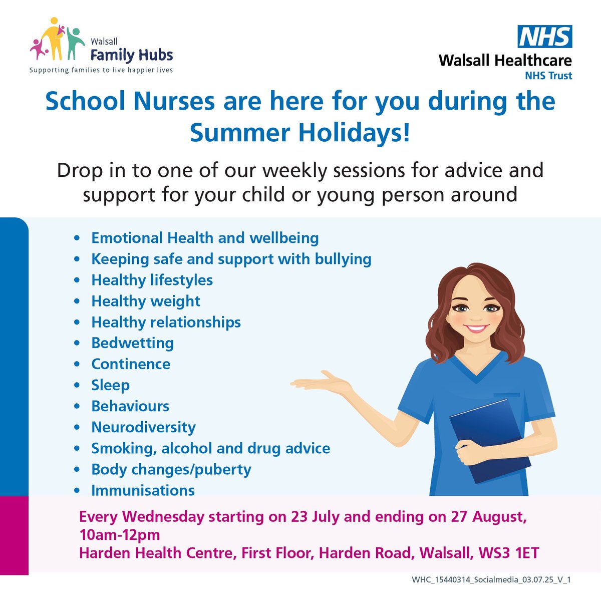 School Nurses are offering ‘drop in’ sessions for families during the summer holidays. They will be based at Harden Health Centre, every Wednesday between 10am and 12pm. Lots of support and advice available each week to support parents over the summer vacation.