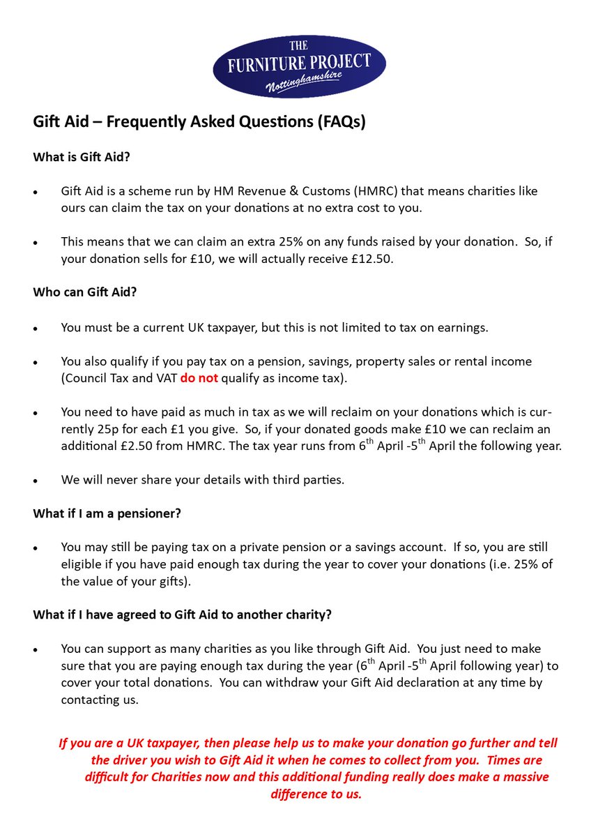 Small Charities like ours rely on Gift Aid to help fund our services.  If you are unsure about whether you can Gift Aid your donations please read the FAQ sheet below 📷 #GiftAid