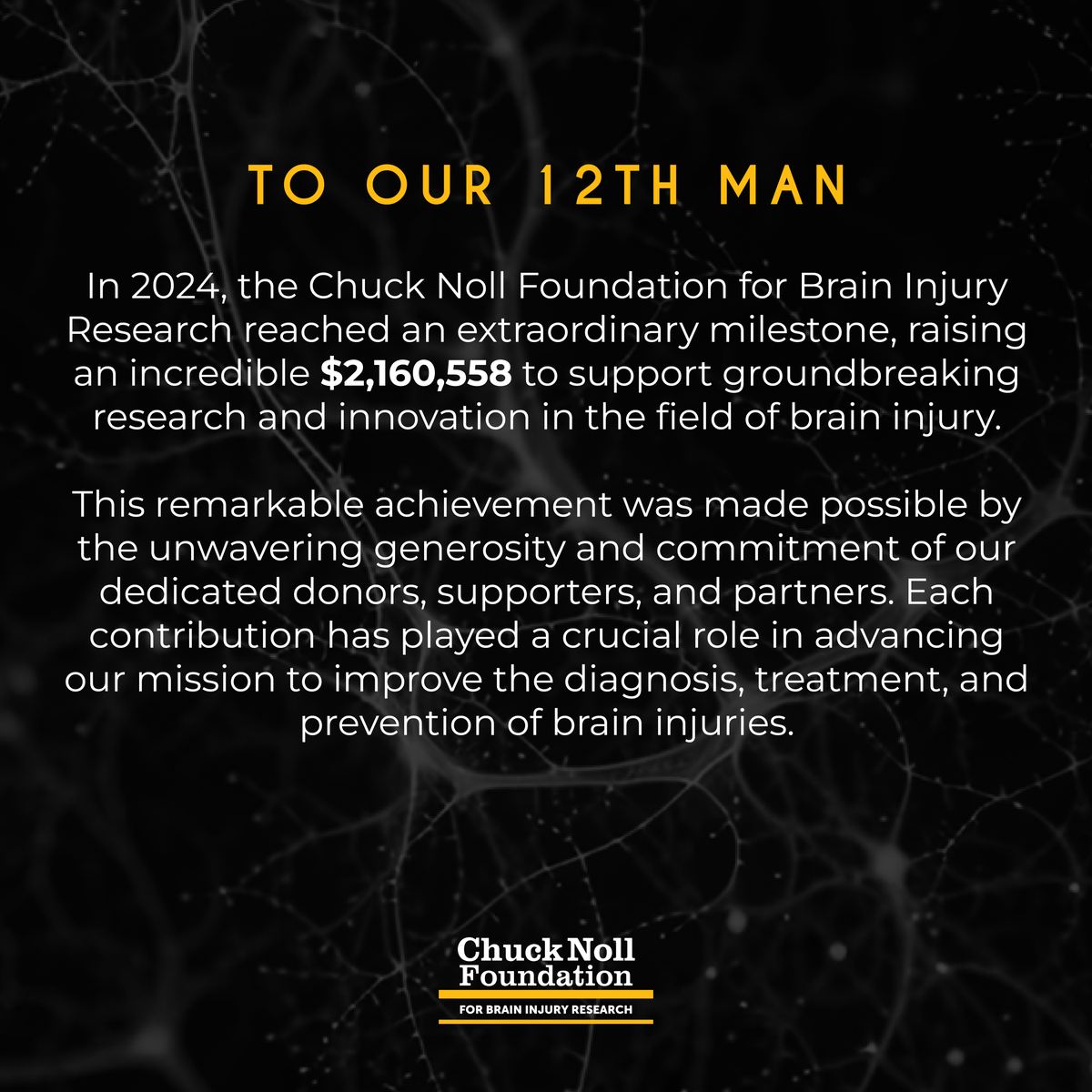 To Our 12th Man—Thank You.

In 2024, the Chuck Noll Foundation reached an incredible milestone, raising $2.16 million to support cutting-edge brain injury research.

This achievement was only possible because of you who continue to show up for the mission.