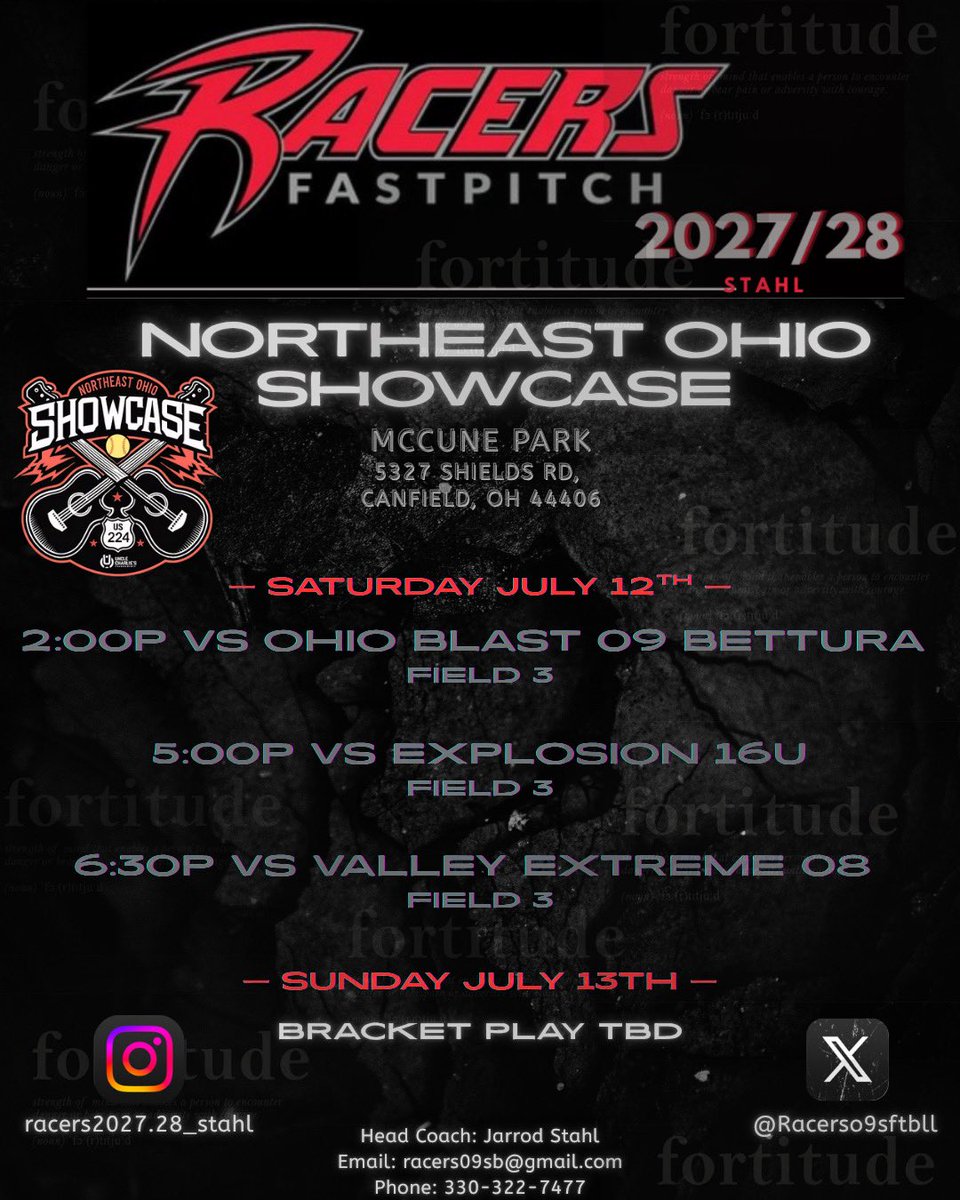 Racers09sftbll's tweet photo. 4 tourneys down and 3 to go. We are off to Canfield for the Northeast Ohio Showcase. Here is our schedule. https://t.co/y9OJtkASx1