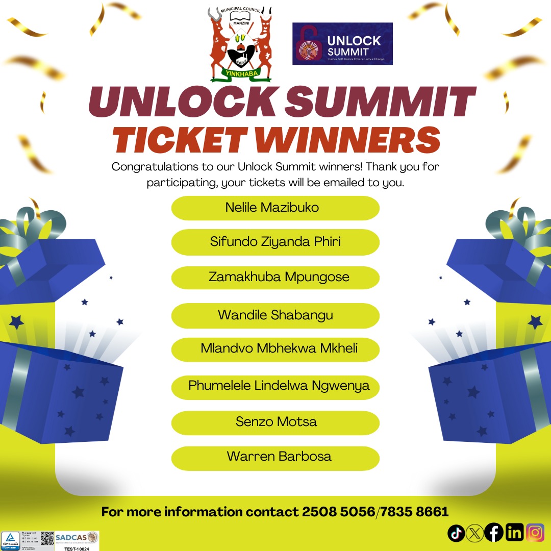 manzinicity's tweet photo. 🚨🚨🚨Winner alert 

🎉 CONGRATULATIONS to our #UnlockSummit Ticket Winners!
The Municipality cannot wait for you to unlock your potential tomorrow!!!

#Manzinicity#thevibrantcity 
#unlockSummit https://t.co/uKQ9hdsuNH