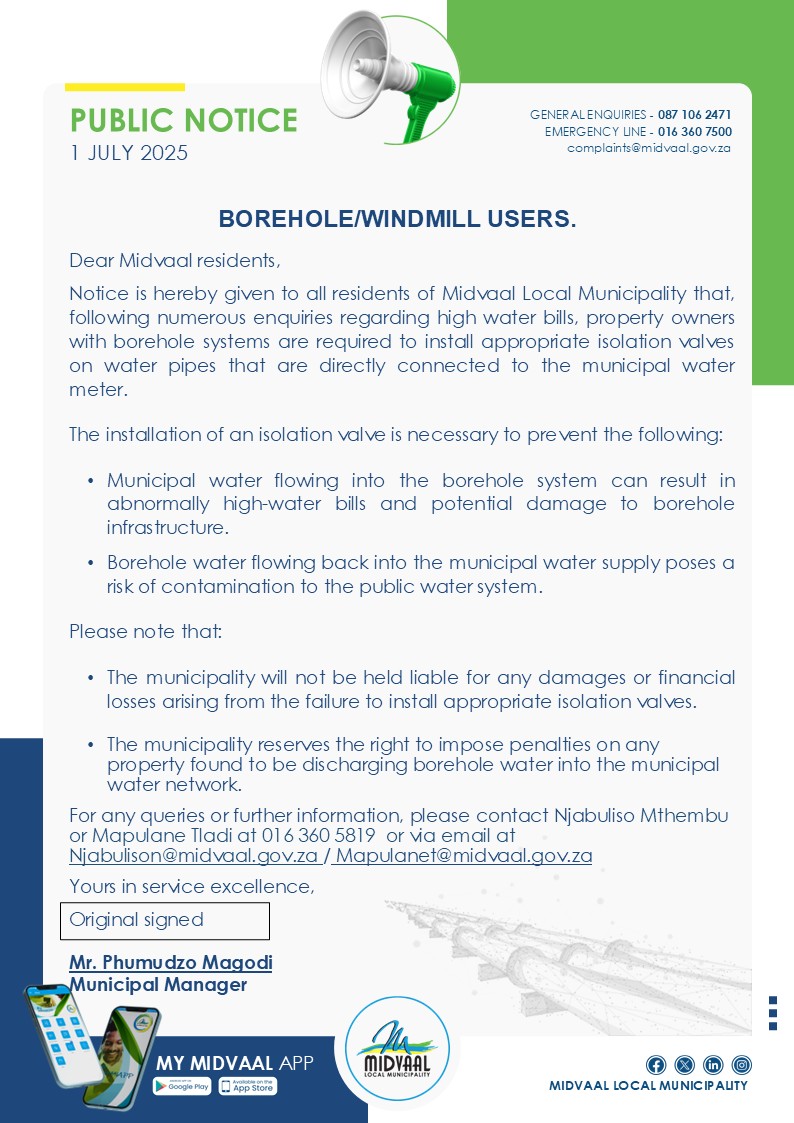 MIDVAAL - Midvaal-boorgateienaars nou verplig om isolasiekleppe op waterpype te installeer <a href="/MidvaalLM/">Midvaal Local Municipality</a> 906fmstereo.com/post/midvaal-b…