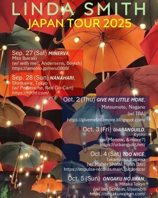 h_shallows's tweet image. ✈️Linda Smith初来日！
80年代から宅録indie popの先駆者としてシーンを牽引していたLinda Smithが今秋来日します！
名古屋のFUで山田さんにお薦めいただいて以来、DJ attagirlとしても頻繁に回していました。
水戸ではwith me!、東京ではregでサポートさせていただきます◎
この機会を逃さずに是非！